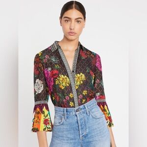 NWT $350 Alice Olivia Rivera Floral & Diamond Print Silk-Blend Blouse